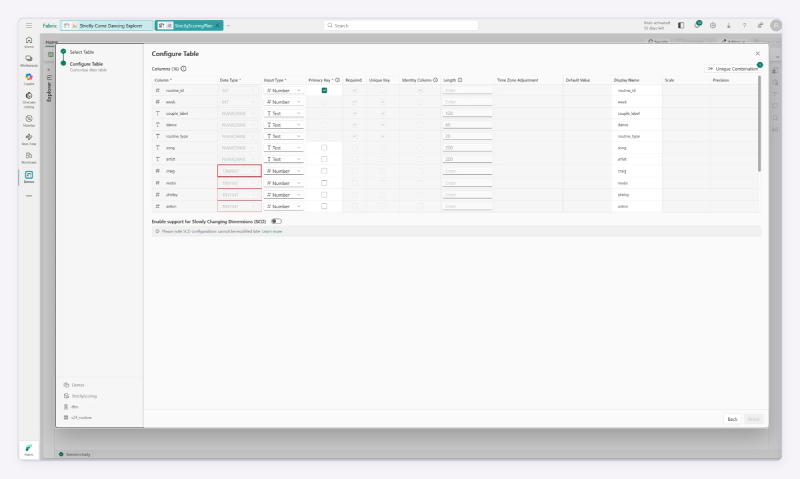 The TINYINT judge columns outlined in red on the Configure Table screen, with Finish disabled