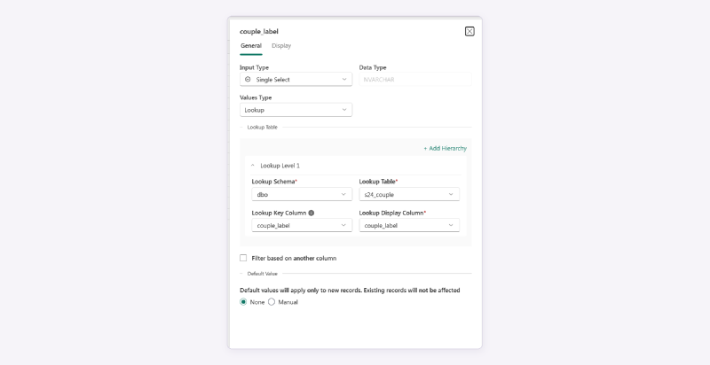 The couple_label Edit panel, General tab: Input Type Single Select, Values Type Lookup, Lookup Schema dbo, Lookup Table s24_couple, key and display column couple_label